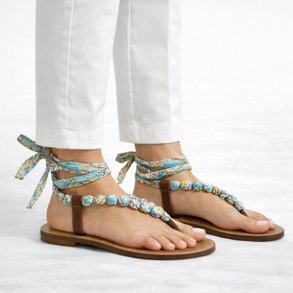 Lauren Ralph Lauren Lace Up Thong Sandals Beaded Scarf Wrap 7B Boho